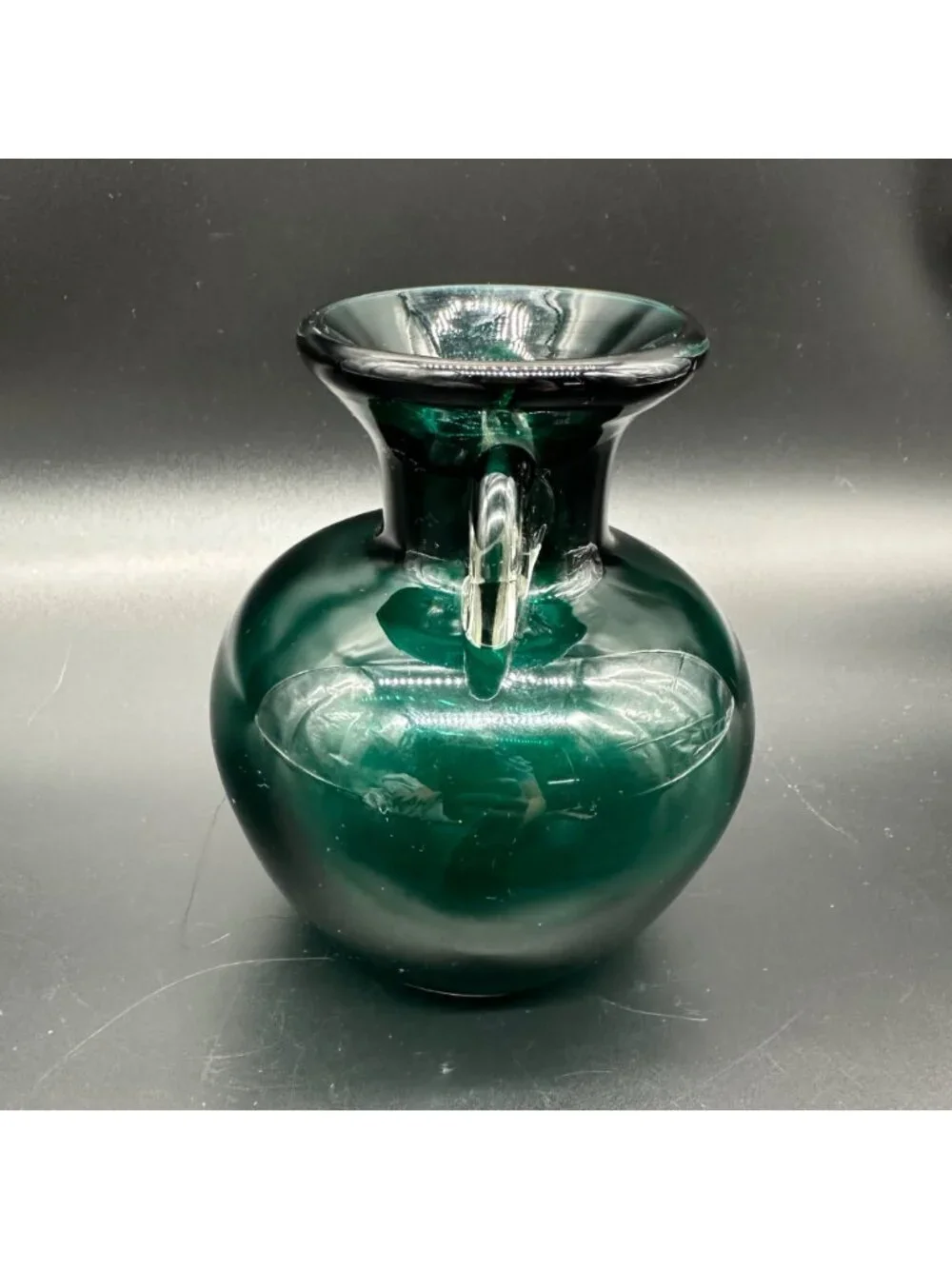 Art Glass Vase Forest Green Glass Clear Applied Handles Polished Bottom Handmade